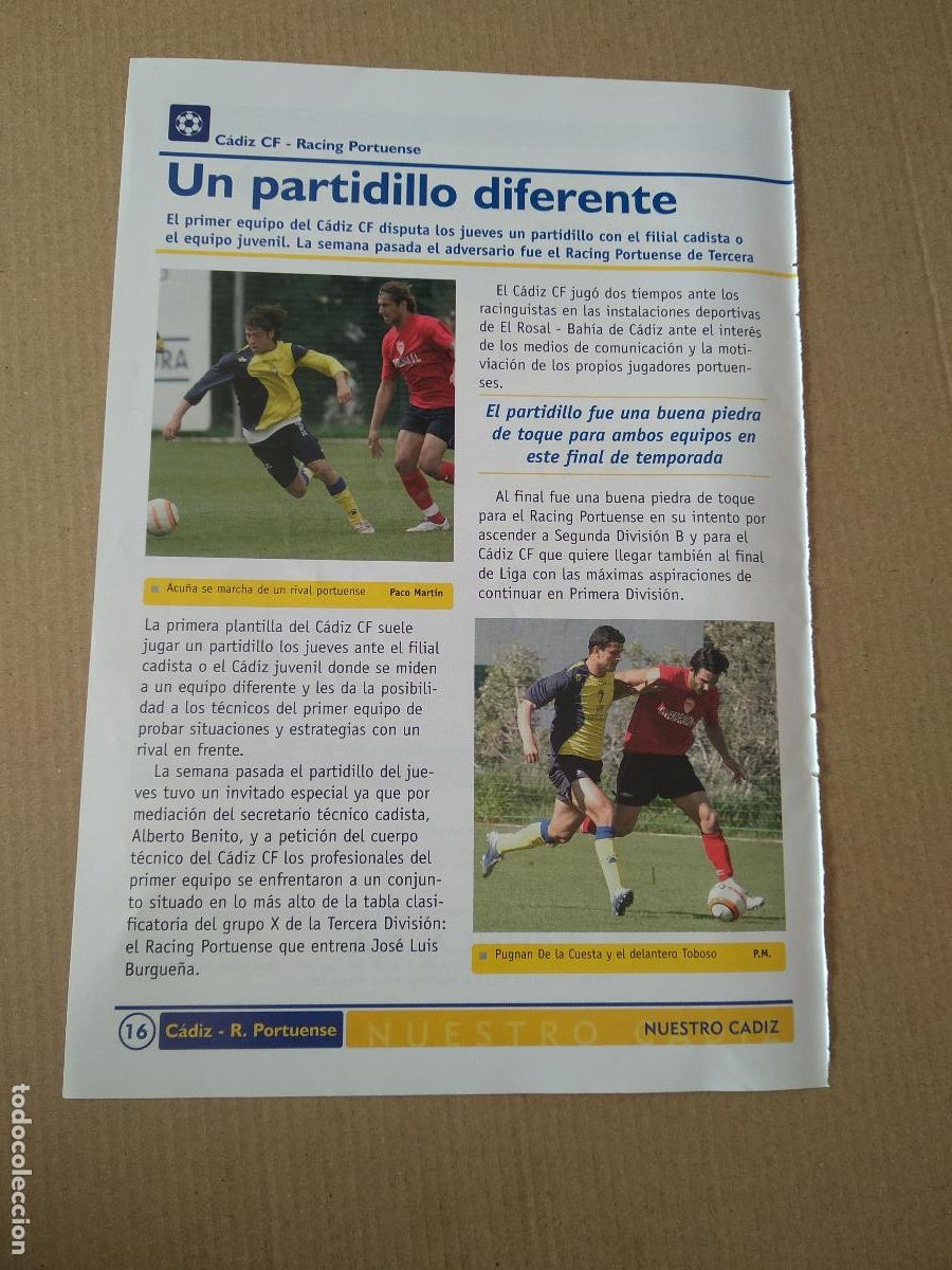 Coleccionismo deportivo: HOJA REVISTA CADIZ VS RACING PORTUENSE ACU&Ntilde;A DE LA CUESTA TOBOSO PUBLICIDAD COCHE NISSAN