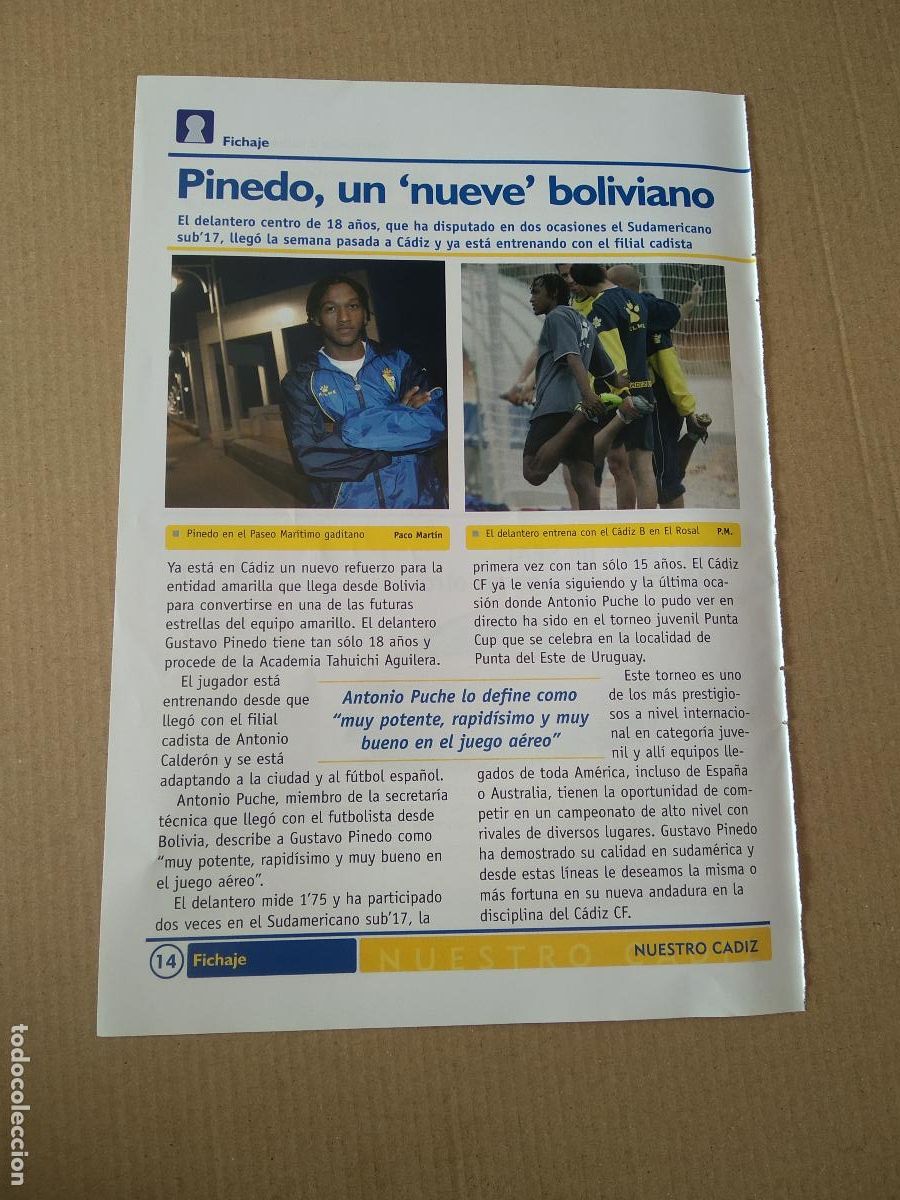 Coleccionismo deportivo: HOJA REVISTA CADIZ PINEDO UN NUEVE BOLIVIANO PUBLICIDAD SEAT COCHE