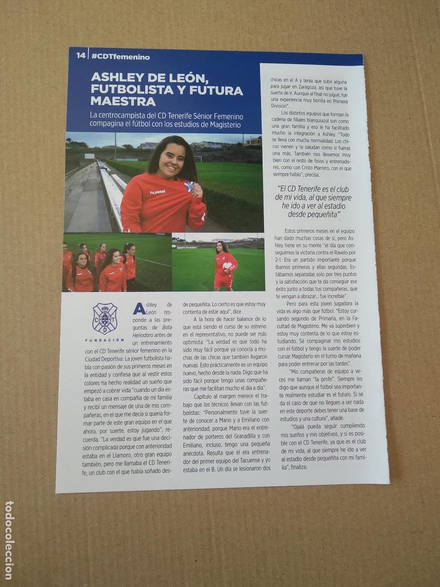 Coleccionismo deportivo: HOJA REVISTA TENERIFE ASHLEY DE LEON EQUIPO FEMENINO CITA COPA DEL REY