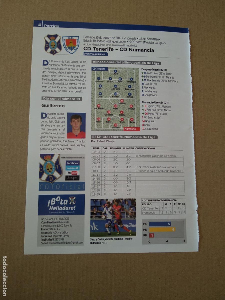 Coleccionismo deportivo: HOJA REVISTA TENERIFE EQUIPO PLANTILLA NUMANCIA