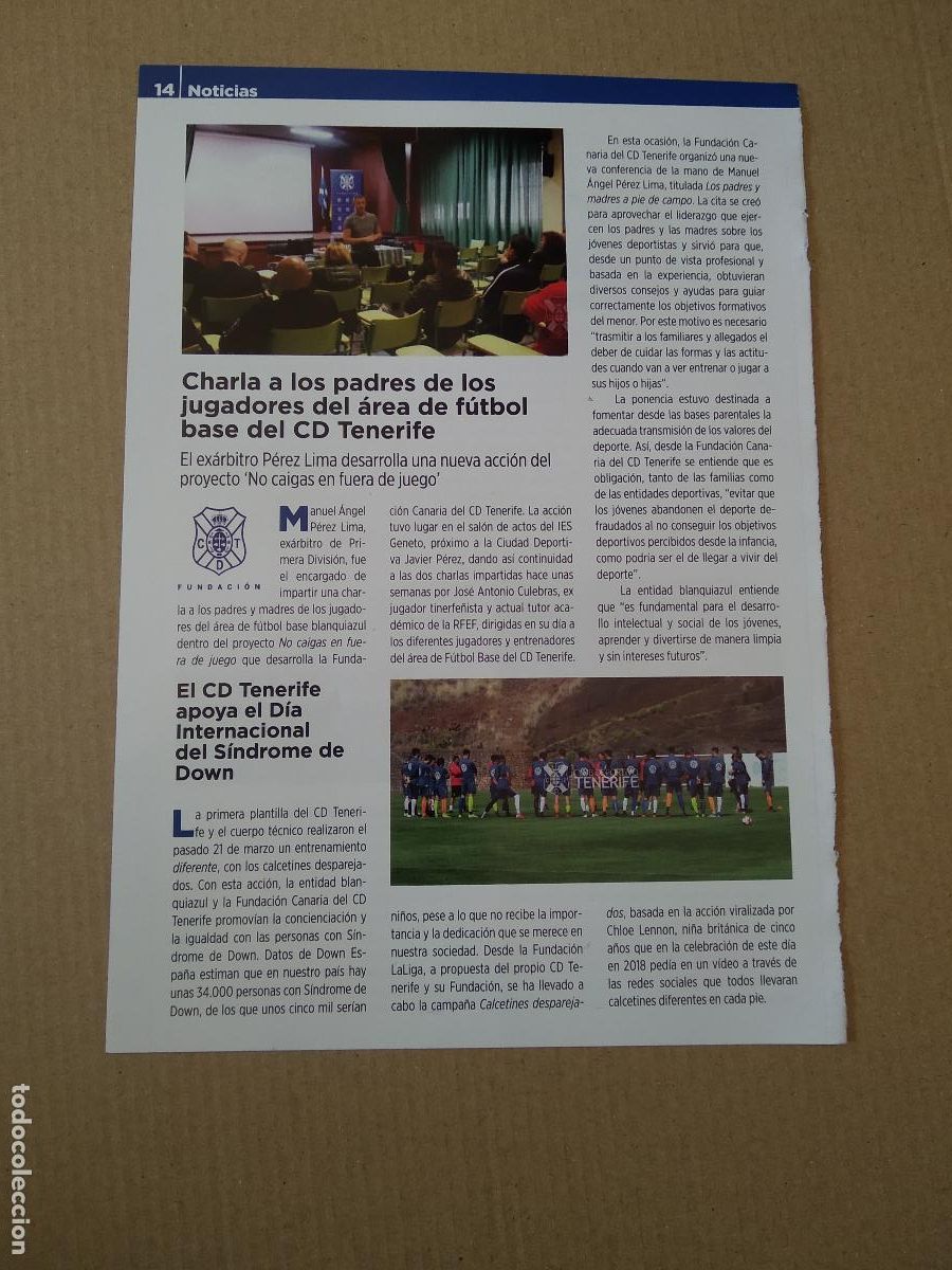 Coleccionismo deportivo: HOJA REVISTA TENERIFE CHARLA PADRES FUTBOL BASE LUIS MILLA CINCO ESTRELLAS MAHOU PROYECTO +BASE
