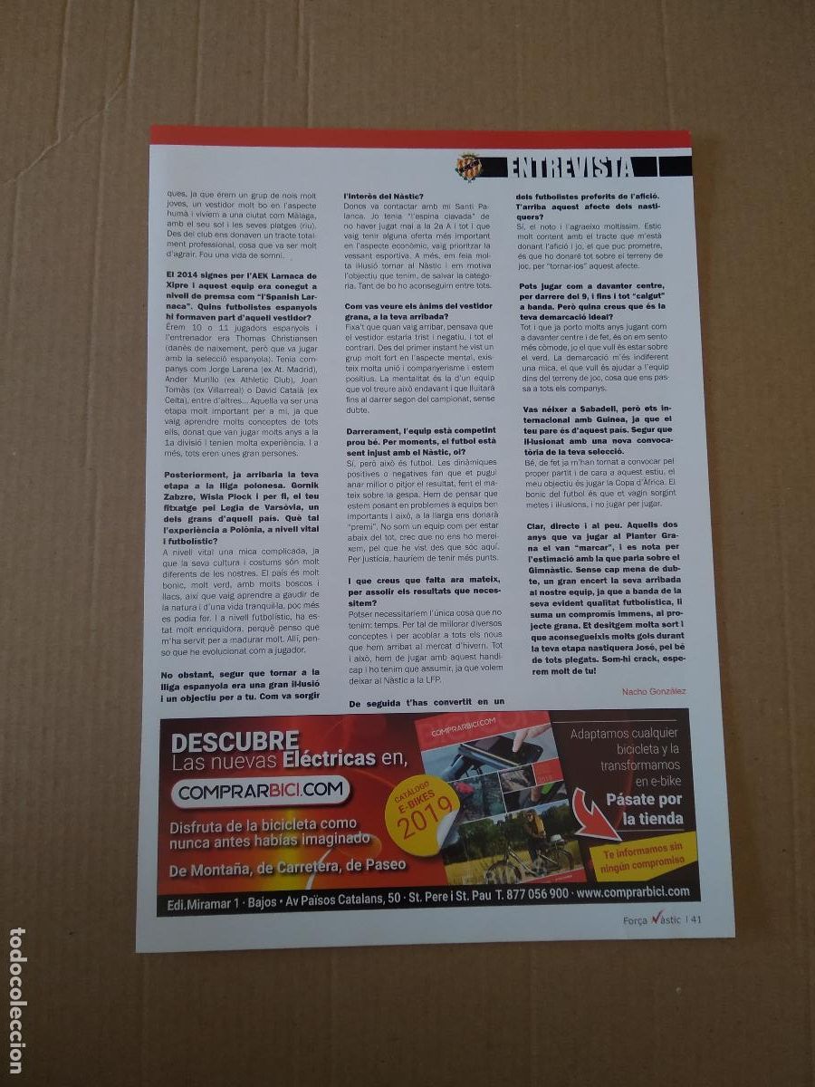 Coleccionismo deportivo: HOJA REVISTA NASTIC DE TARRAGONA ENTREVISTA JOSE KANTE PUBLICIDAD BRASA D'OR LA TAULETA