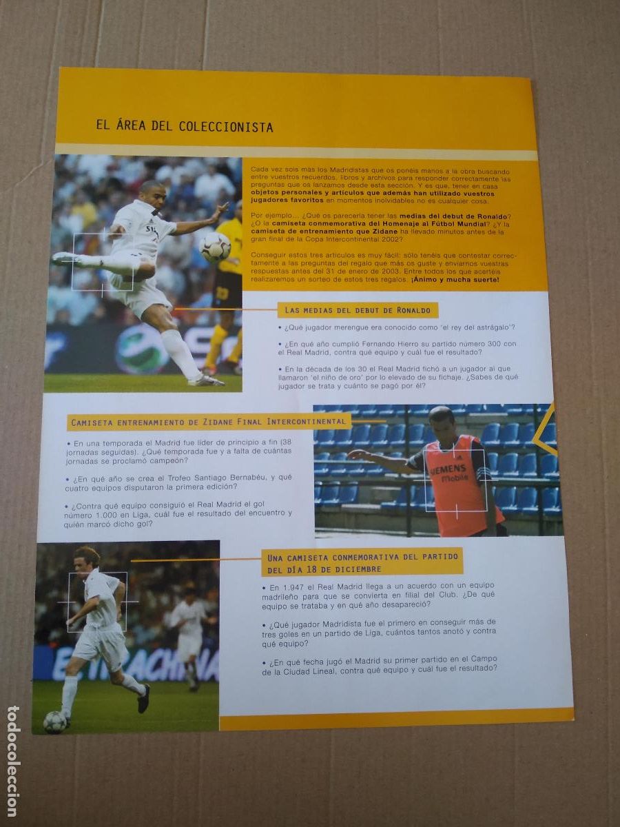 Coleccionismo deportivo: HOJA REVISTA REAL MADRID EL AREA DEL COLECCIONISTA RONALDO ZIDANE CASILLAS