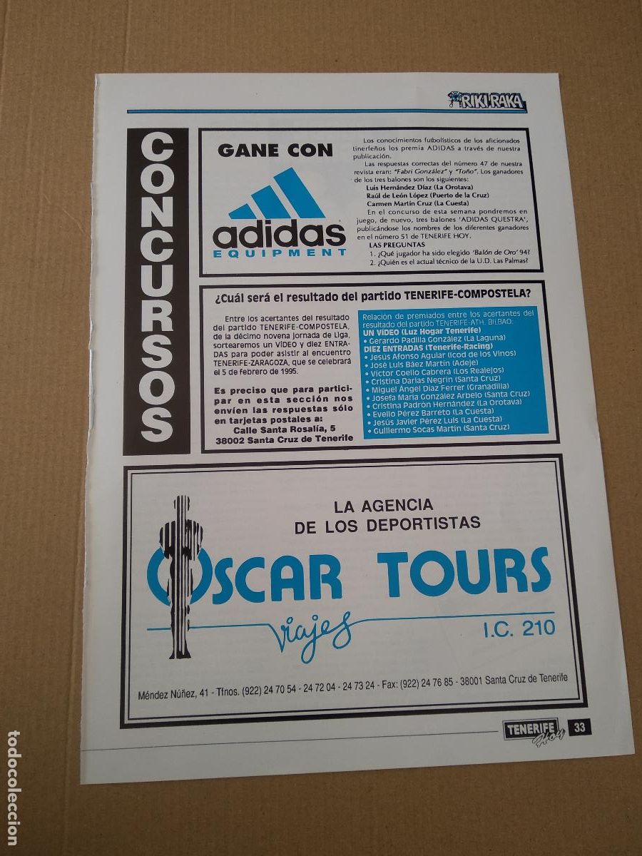 Coleccionismo deportivo: HOJA REVISTA TENERIFE DESDE LA GRADA CONCURSOS ADIDAS PUBLICIDAD OSCAR TOURS