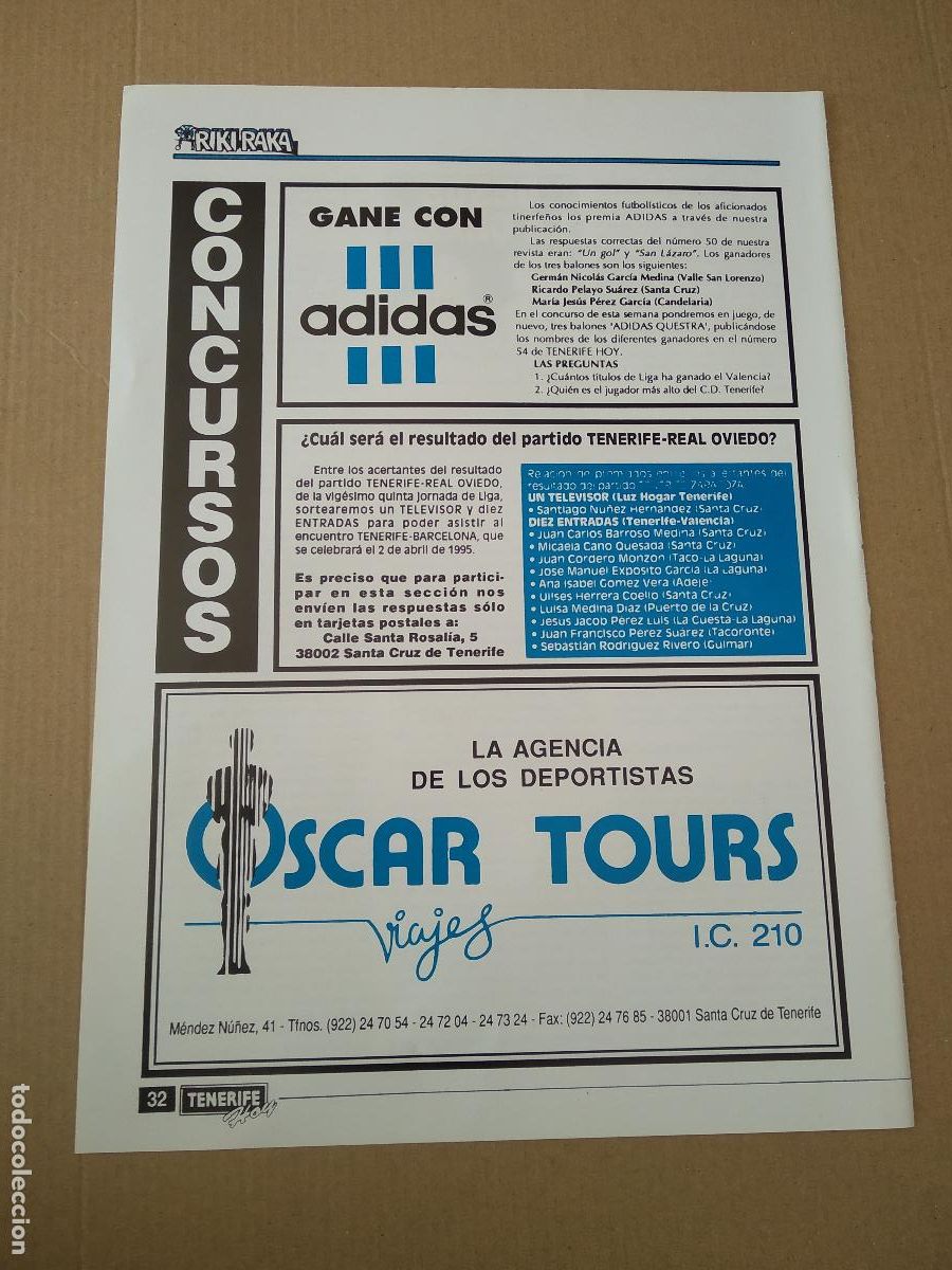 Coleccionismo deportivo: HOJA REVISTA TENERIFE DESDE LA GRADA CONCURSOS ADIDAS PUBLICIDAD OSCAR TOURS
