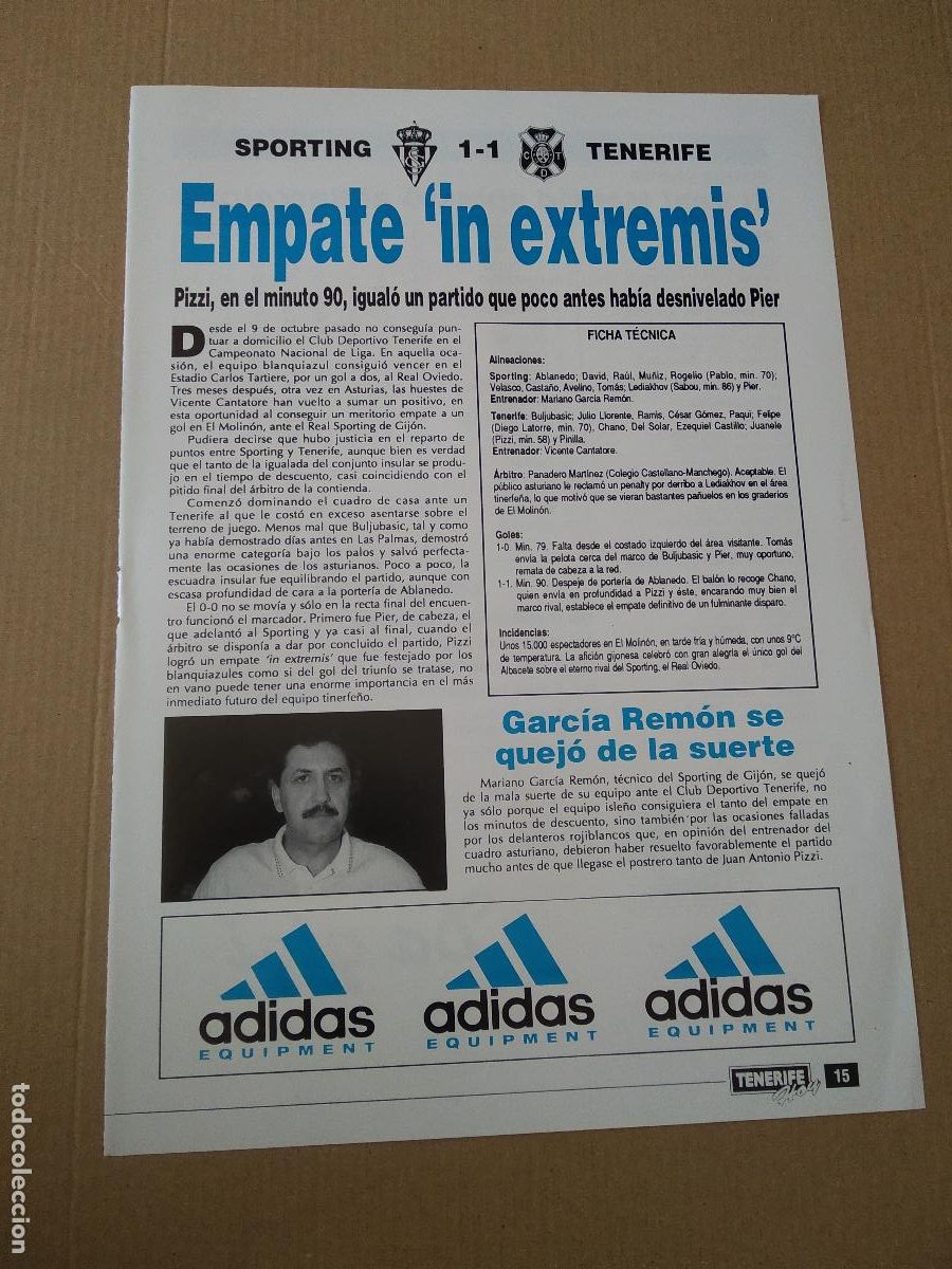 Coleccionismo deportivo: HOJA REVISTA TENERIFE SPORTING GIJON GARCIA REMON EMPATE IN EXTREMIS PUBLICIDAD ADIDAS CLASIFICACION