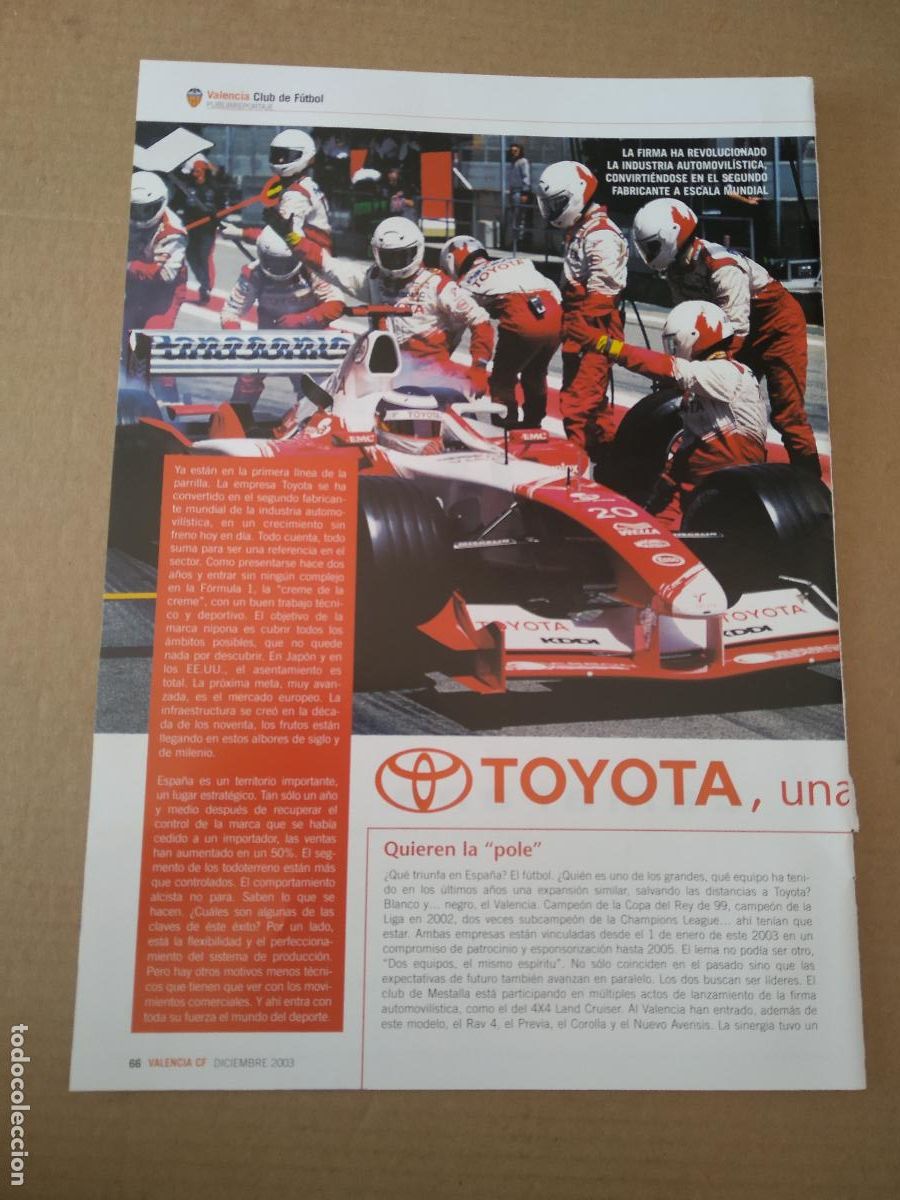 Coleccionismo deportivo: HOJA REVISTA VALENCIA COCHE F1 AUTOMOVILISMO TOYOTA CAMARENA SEGUROS PUBLICIDAD
