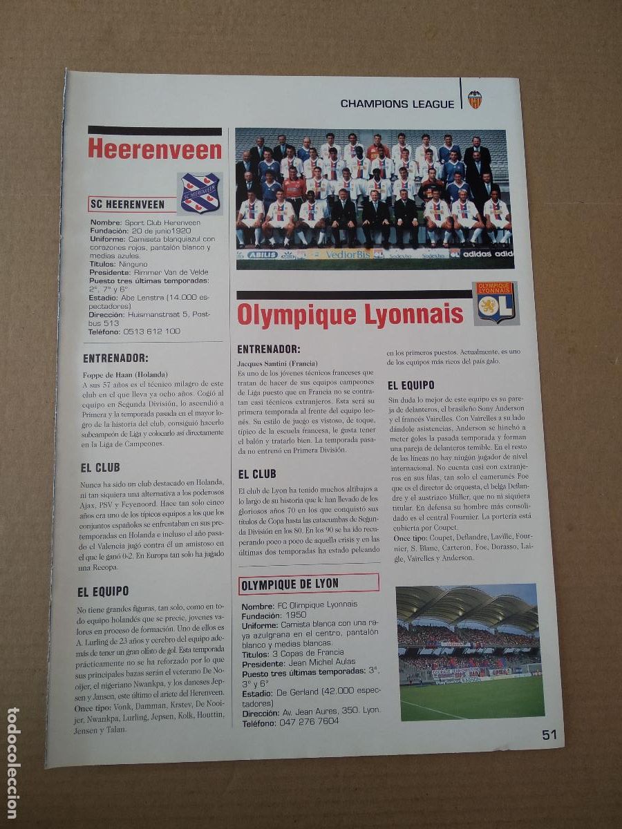 Sammelleidenschaft Sport: HOJA REVISTA VALENCIA HEERENVEEN OLYMPIQUE LYON CUPER Y MENDIETA, REYES DE EUROPA MENDIETA