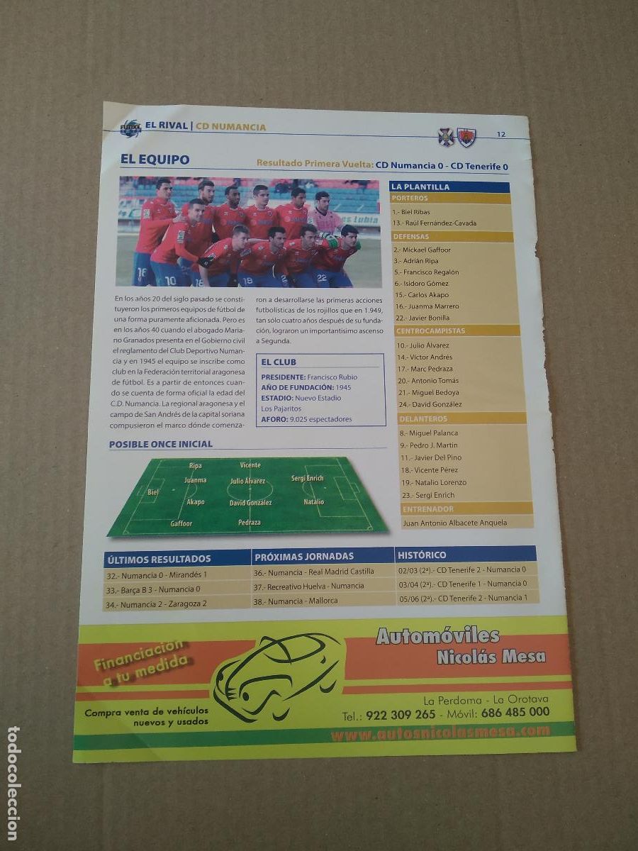 Sammelleidenschaft Sport: HOJA REVISTA TENERIFE EL RIVAL EQUIPO PLANTILLA NUMANCIA OROZCO MIGUEL CONCEPCION