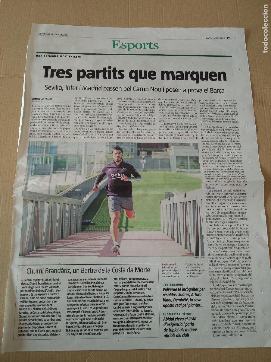 Coleccionismo deportivo: HOJA DIARIO LA VANGUARDIA LUIS SUAREZ BARCELONA BAR&Ccedil;A TRES PARTITS QUE MARQUEN GIBRALTAR EUFORIA