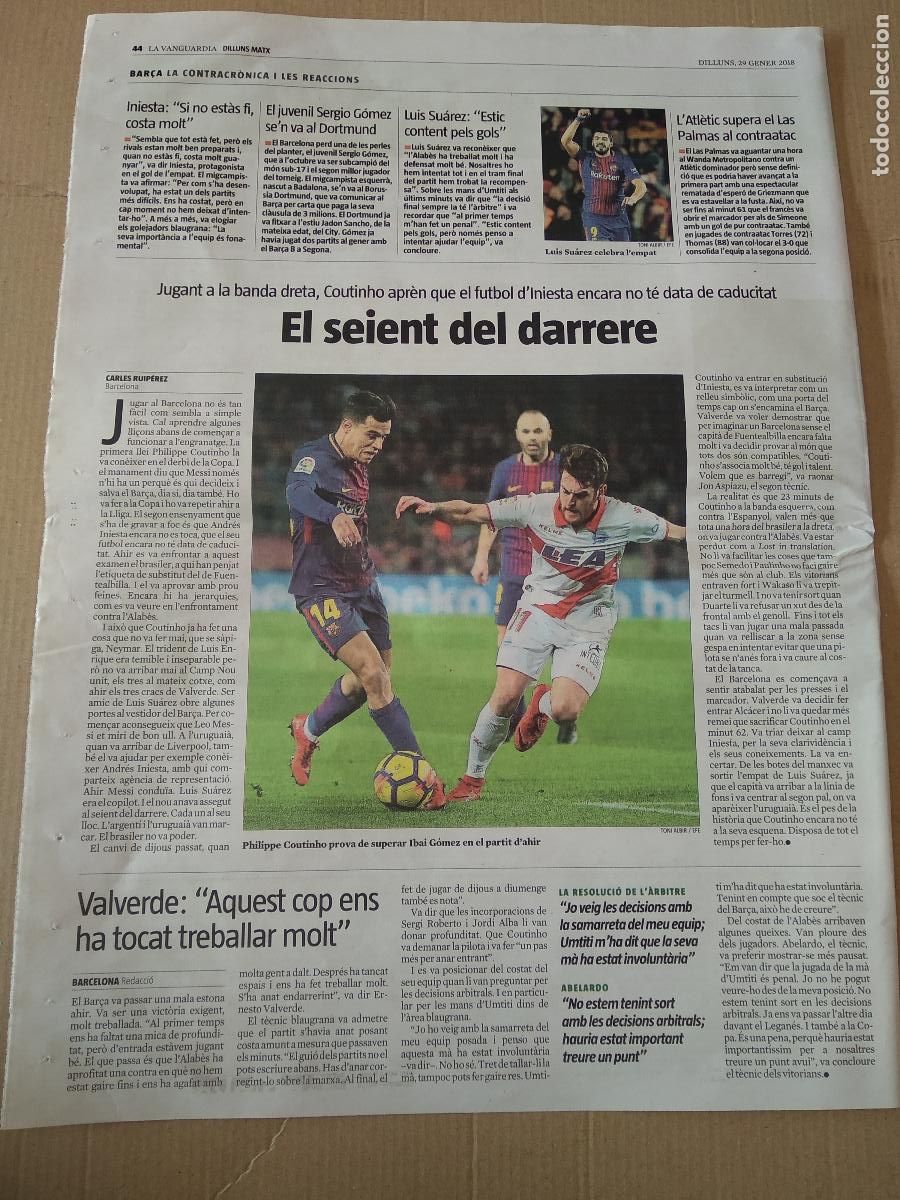 Coleccionismo deportivo: HOJA DIARIO LA VANGUARDIA COUTINHO BARCELONA BAR&Ccedil;A VS IBAI GOMEZ ALAVES INIESTA LUIS SUAREZ