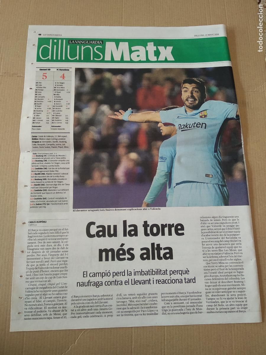 Coleccionismo deportivo: HOJA DIARIO LA VANGUARDIA A&Ntilde;O 2018 LUIS SUAREZ BARCELONA CAU LA TORRE M&Eacute;S ALTA