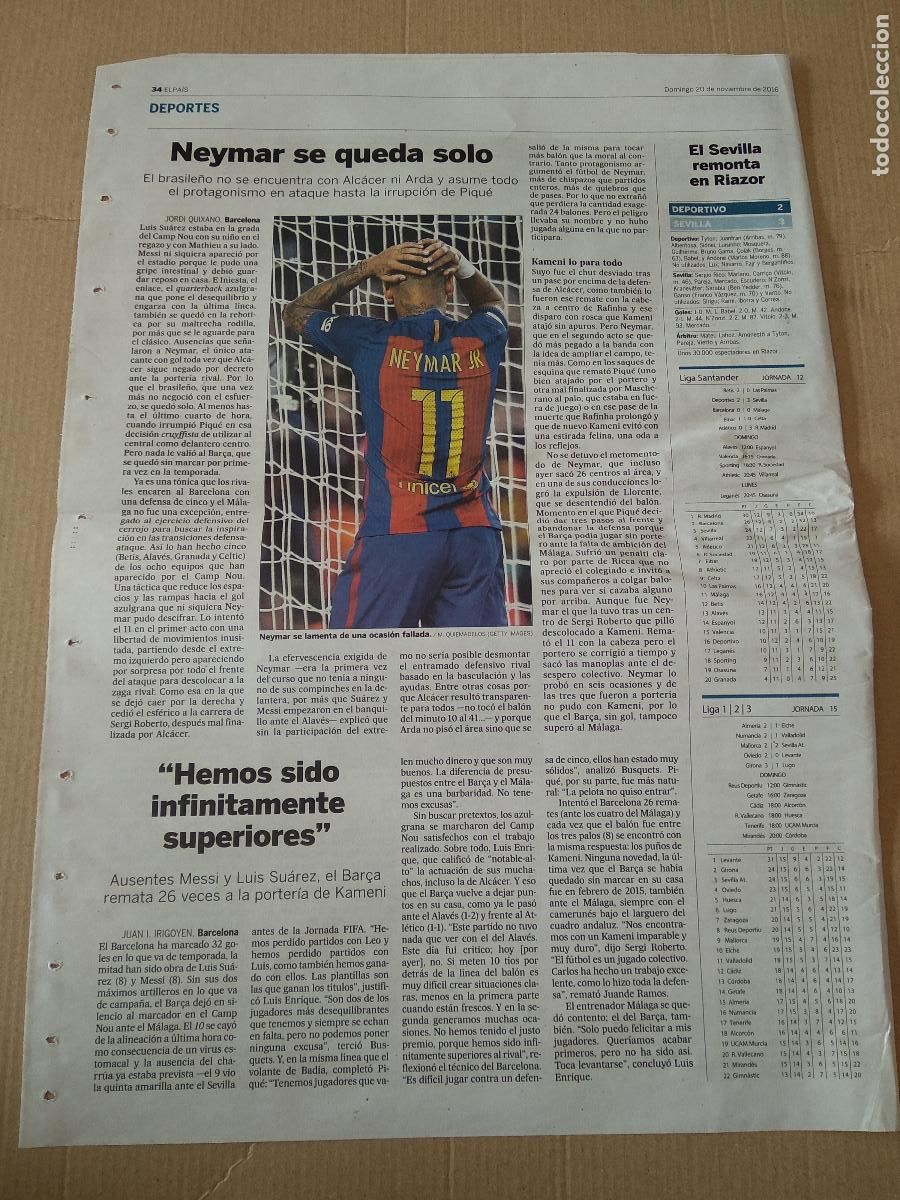 Coleccionismo deportivo: HOJA DIARIO EL PAIS NEYMAR BARCELONA BAR&Ccedil;A VS MALAGA KAMENI ANDRE GOMES PIQUE