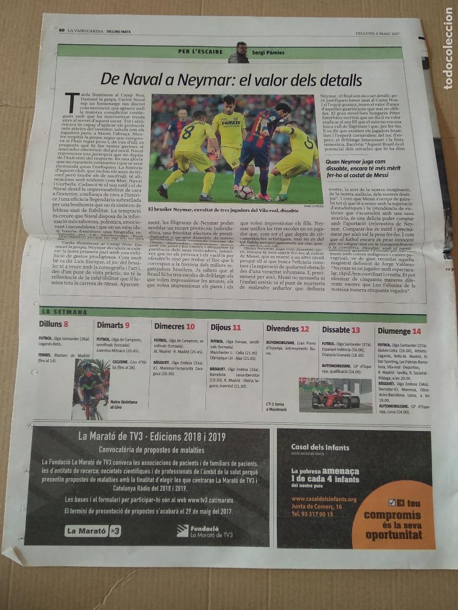 Coleccionismo deportivo: HOJA DIARIO LA VANGUARDIA NEYMAR BARCELONA VS VILLARREAL PABLO CARRE&Ntilde;O TENIS