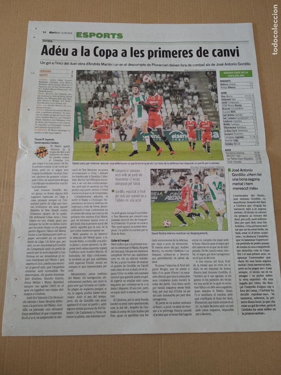 Sammelleidenschaft Sport: HOJA DIARI MES DJETEI NASTIC DE TARRAGONA ANDRES MARTIN CORDOBA DAVID ROCHA VS AGUADO