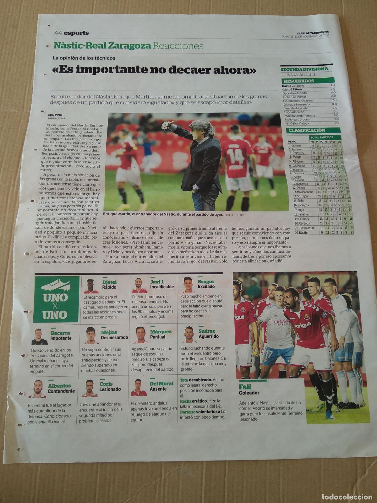 Coleccionismo deportivo: HOJA DIARI DE TARRAGONA ENRIQUE MARTIN NASTIC TARRAGONA FALI LUIS SUAREZ ROCHA NIETO ZARAGOZA