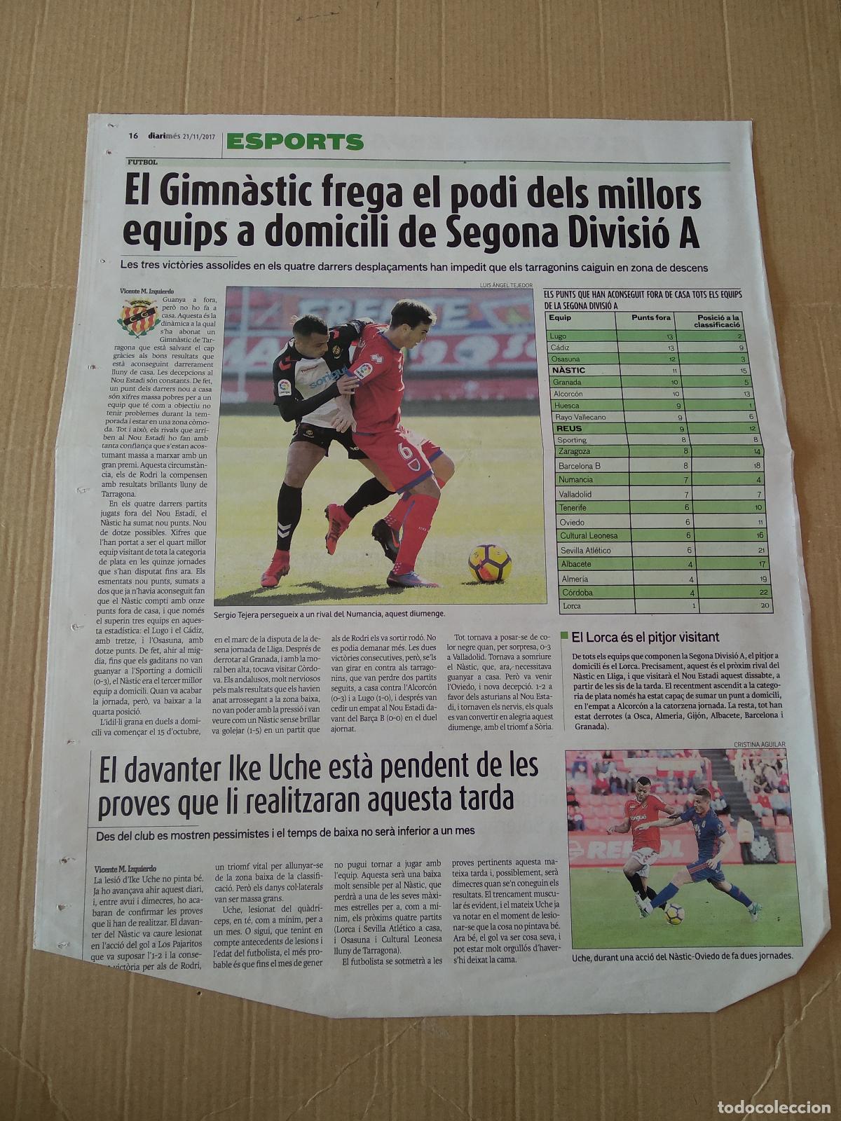 Coleccionismo deportivo: HOJA DIARI MES TEJERA NASTIC TARRAGONA VS I&Ntilde;IGO PEREZ NUMANCIA UCHE VS OVIEDO