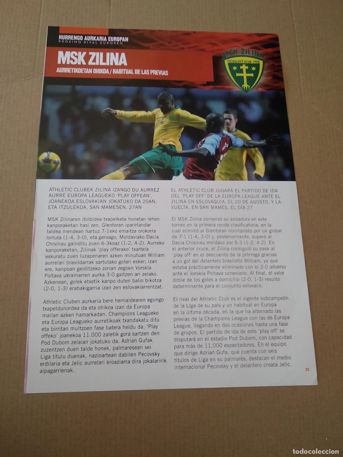 Colecionismo desportivo: HOJA REVISTA ATHLETIC CLUB BILBAO PROXIMO RIVAL MSK ZILINA CALENDARIO LIGA