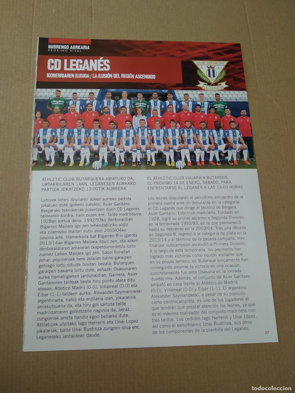 Coleccionismo deportivo: HOJA REVISTA ATHLETIC CLUB BILBAO PROXIMO RIVAL EQUIPO PLANTILLA LEGANES PUBLICIDAD SAN MIGUEL
