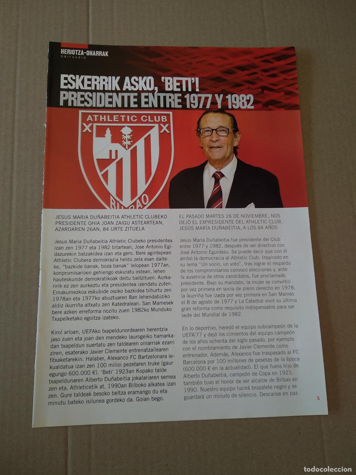 Coleccionismo deportivo: HOJA REVISTA ATHLETIC CLUB BILBAO JESUS MARIA DU&Ntilde;ABEITIA PRESIDENTE ENTRE 1977-1982 PUBLICIDAD SEAT