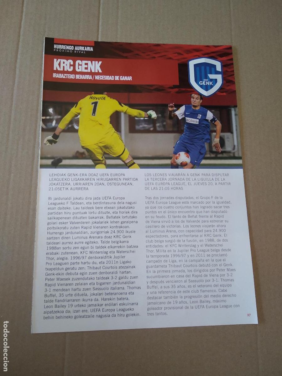 Coleccionismo deportivo: HOJA REVISTA ATHLETIC CLUB BILBAO PROXIMO RIVAL GENK NOVOTA PUBLICIDAD SAN MIGUEL