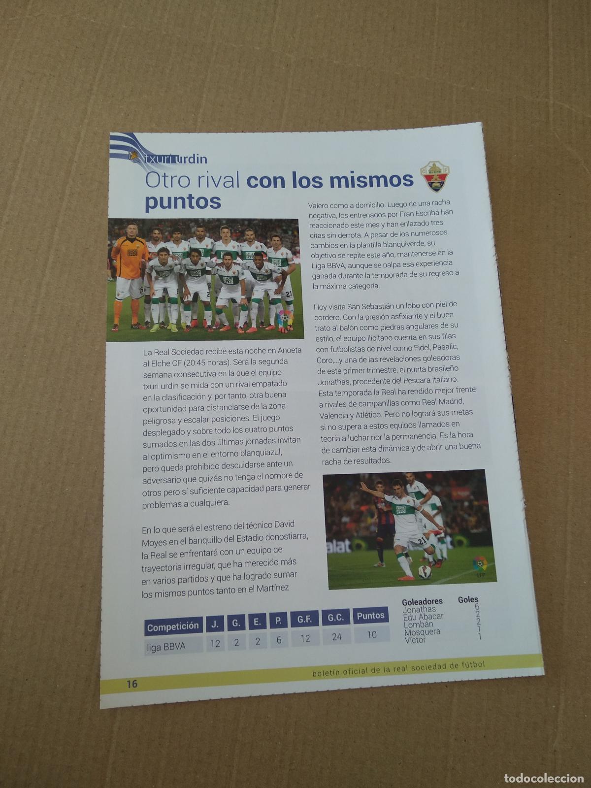 Coleccionismo deportivo: HOJA REVISTA REAL SOCIEDAD VS ELCHE OTRO RIVAL CON LOS MISMO PUNTOS PUBLICIDAD NISSAN EMAI LIMPIEZA