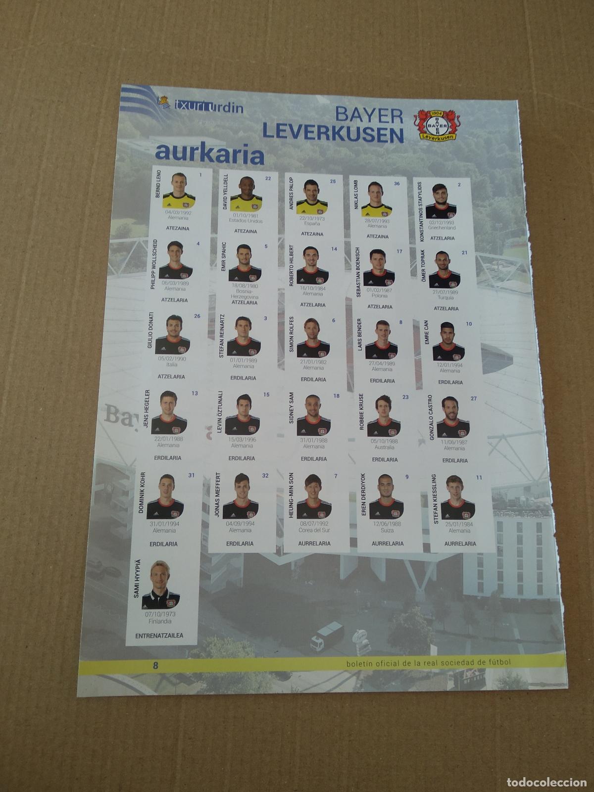 Coleccionismo deportivo: HOJA REVISTA REAL SOCIEDAD VS BAYER LEVERKUSEN PUBLICIDAD JAVIER ZERAMIKAK MARTA G. JOSE MARI OPTICO