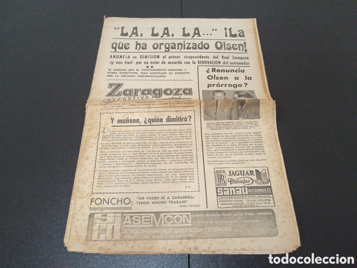 Coleccionismo deportivo: REVISTA ZARAGOZA DEPORTIVA 01/04/1968 N&deg; 815 OLSEN VELAZQUEZ AMANCIO GREAVES GAINZA OLIVELLA RESTO J