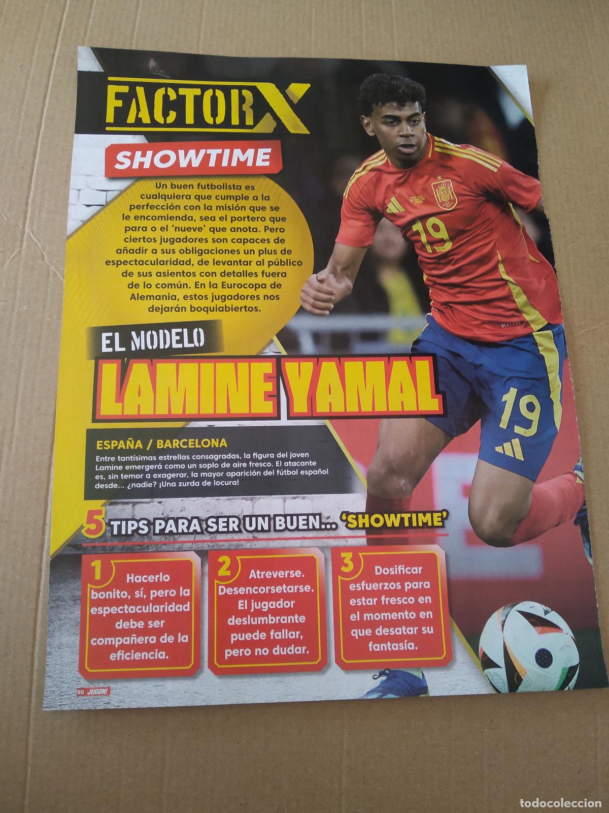 Coleccionismo deportivo: HOJA REVISTA JUGON TIPO REPORTAJE LAMINE YAMAL ESPA&Ntilde;A CROMO STORY UNAI SIMON