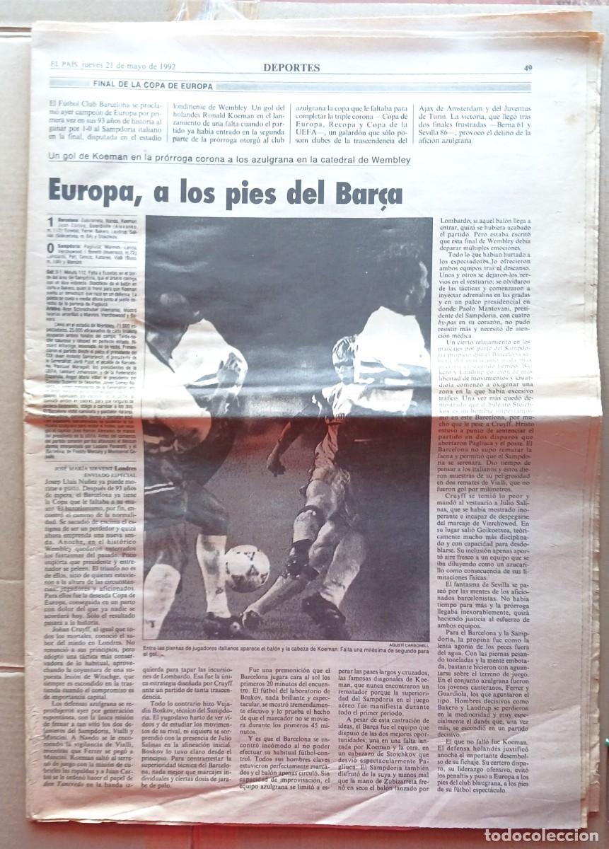 Sports collectibles: FC BARCELONA EL PAIS CAMPEON DE EUROPA 21-5-1992 PERIODICO DIARIO PAGINAS CENTRALES R327