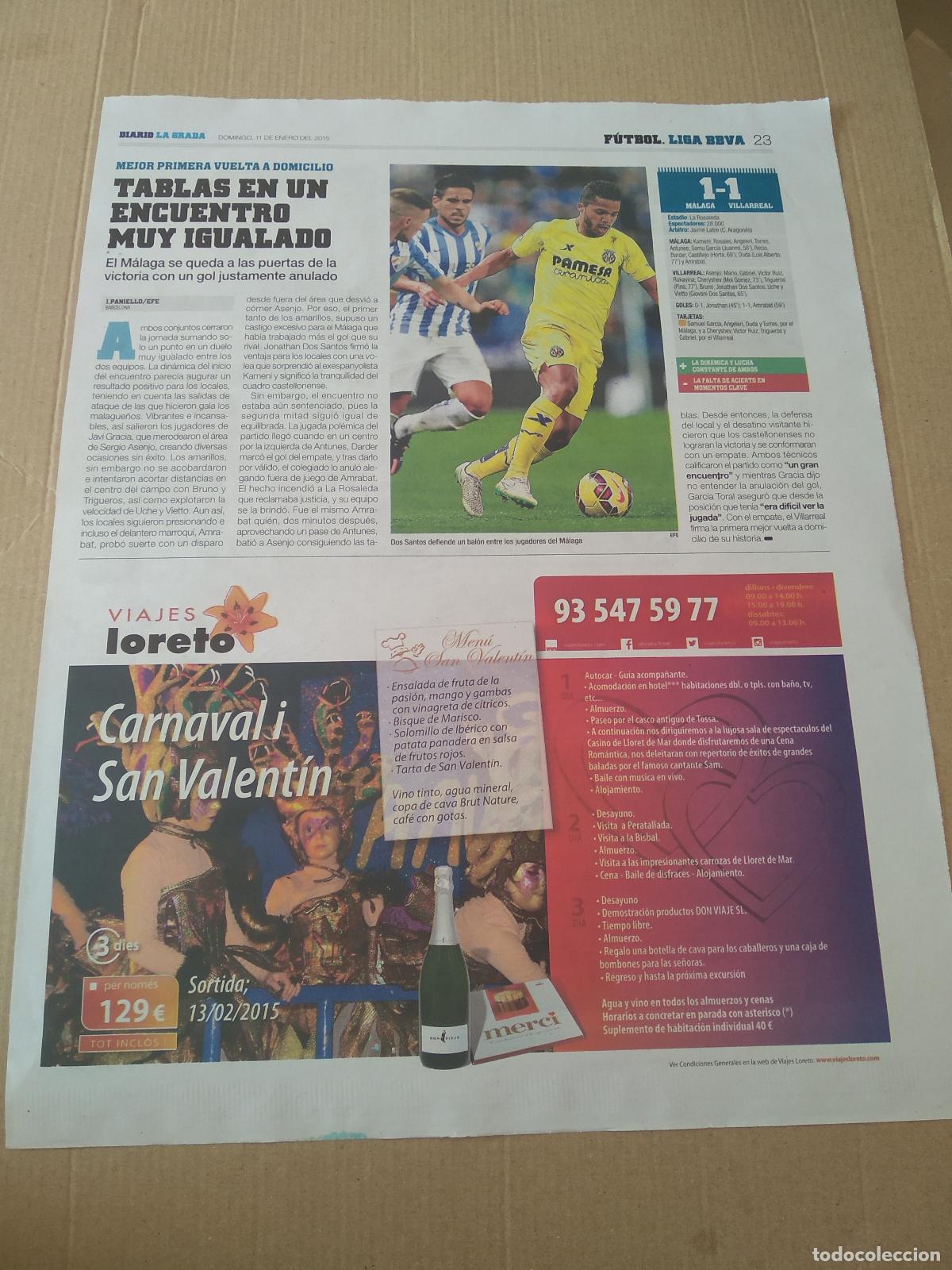 Coleccionismo deportivo: HOJA PERIODICO DIARIO LA GRADA DOS SANTOS VILLARREAL VS MALAGA PIOVACCARI EIBAR EMI VELAZQUEZ GETAFE