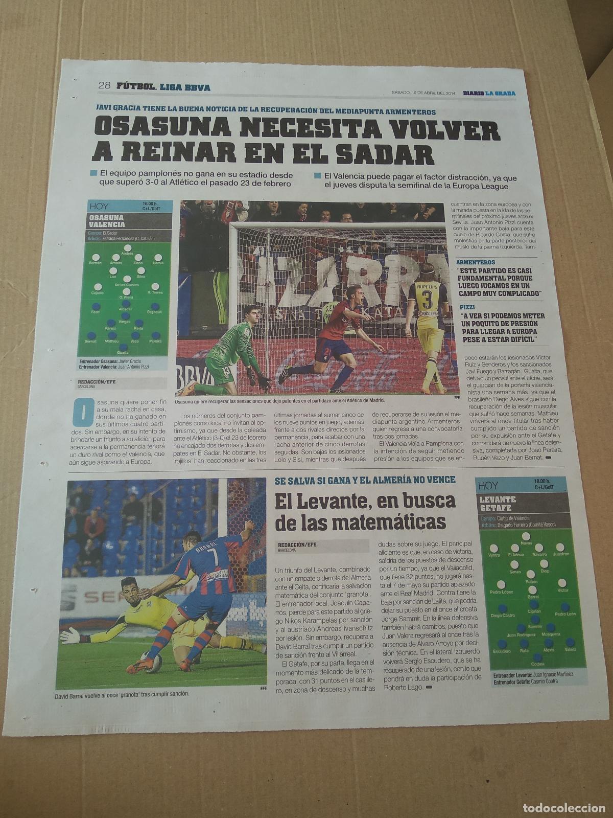 Coleccionismo deportivo: HOJA PERIODICO DIARIO LA GRADA ROBERTO TORRES OSASUNA COURTOIS ATLETICO MADRID ENCICLOPEDIA CATALANA