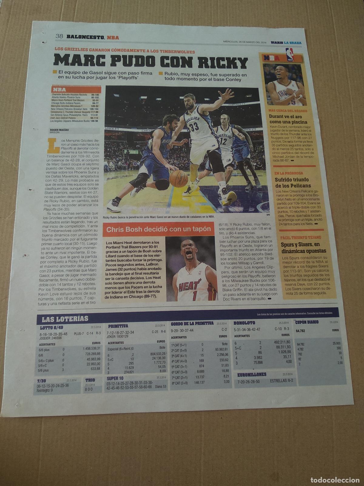 Coleccionismo deportivo: HOJA PERIODICO DIARIO LA GRADA MARC GASOL Y RICKY RUBIO CHRIS BOSH JULIO IGLESIAS