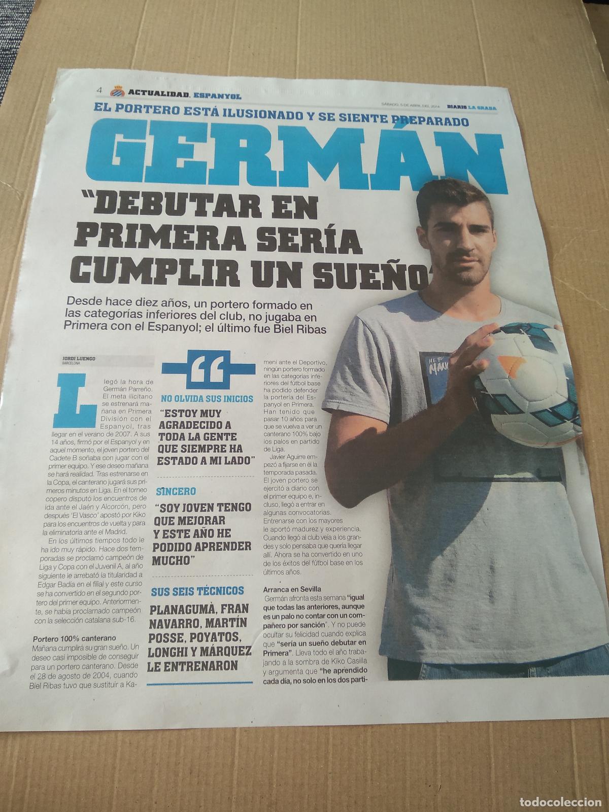 Coleccionismo deportivo: HOJA PERIODICO DIARIO LA GRADA GERMAN ESPANYOL RAUL RODRIGUEZ PUBLICIDAD SEAT