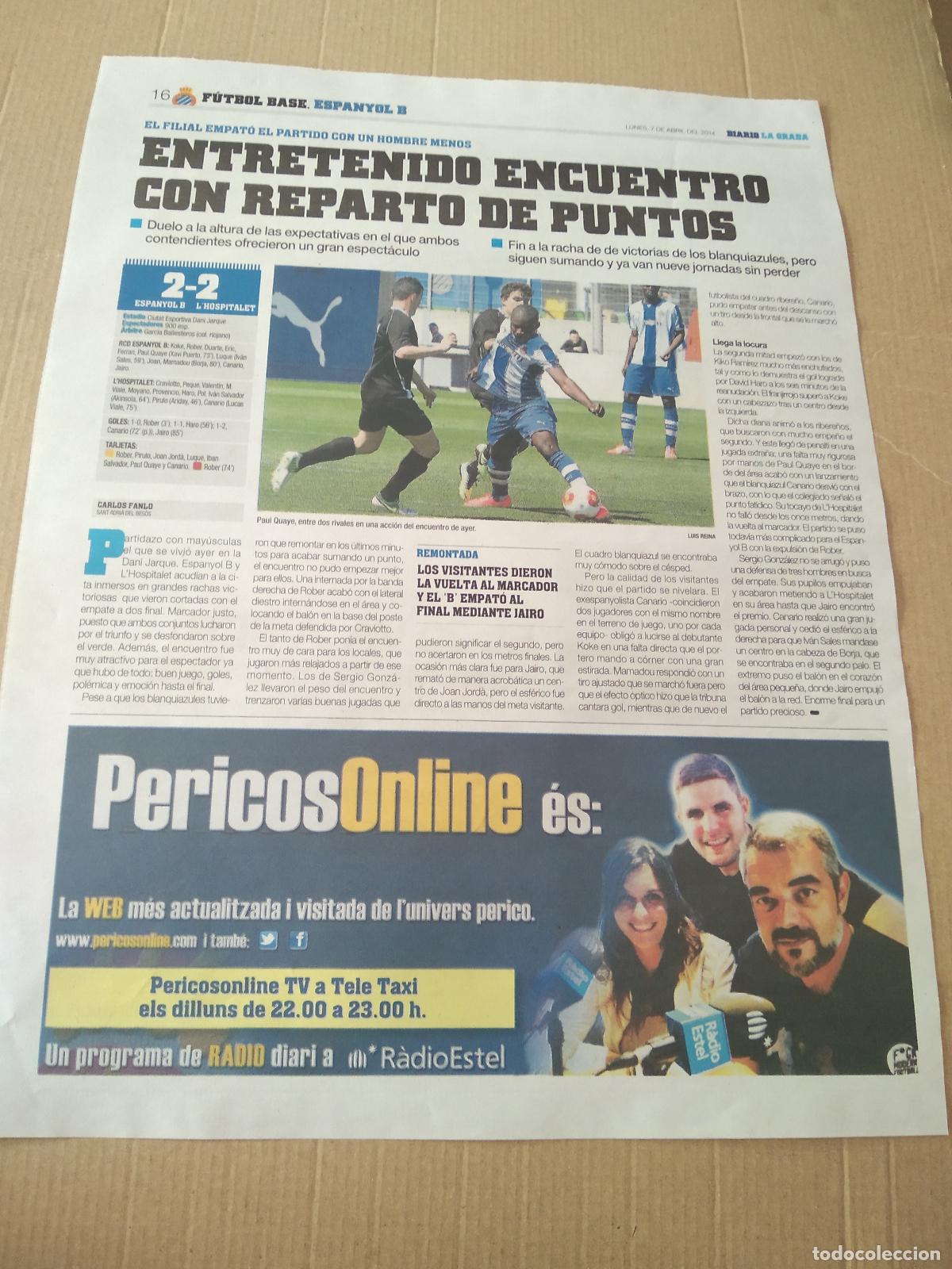 Coleccionismo deportivo: HOJA PERIODICO DIARIO LA GRADA PAUL QUAYE ESPANYOL PERICOS ONLINE SERGIO GONZALEZ BMW PUBLICIDAD