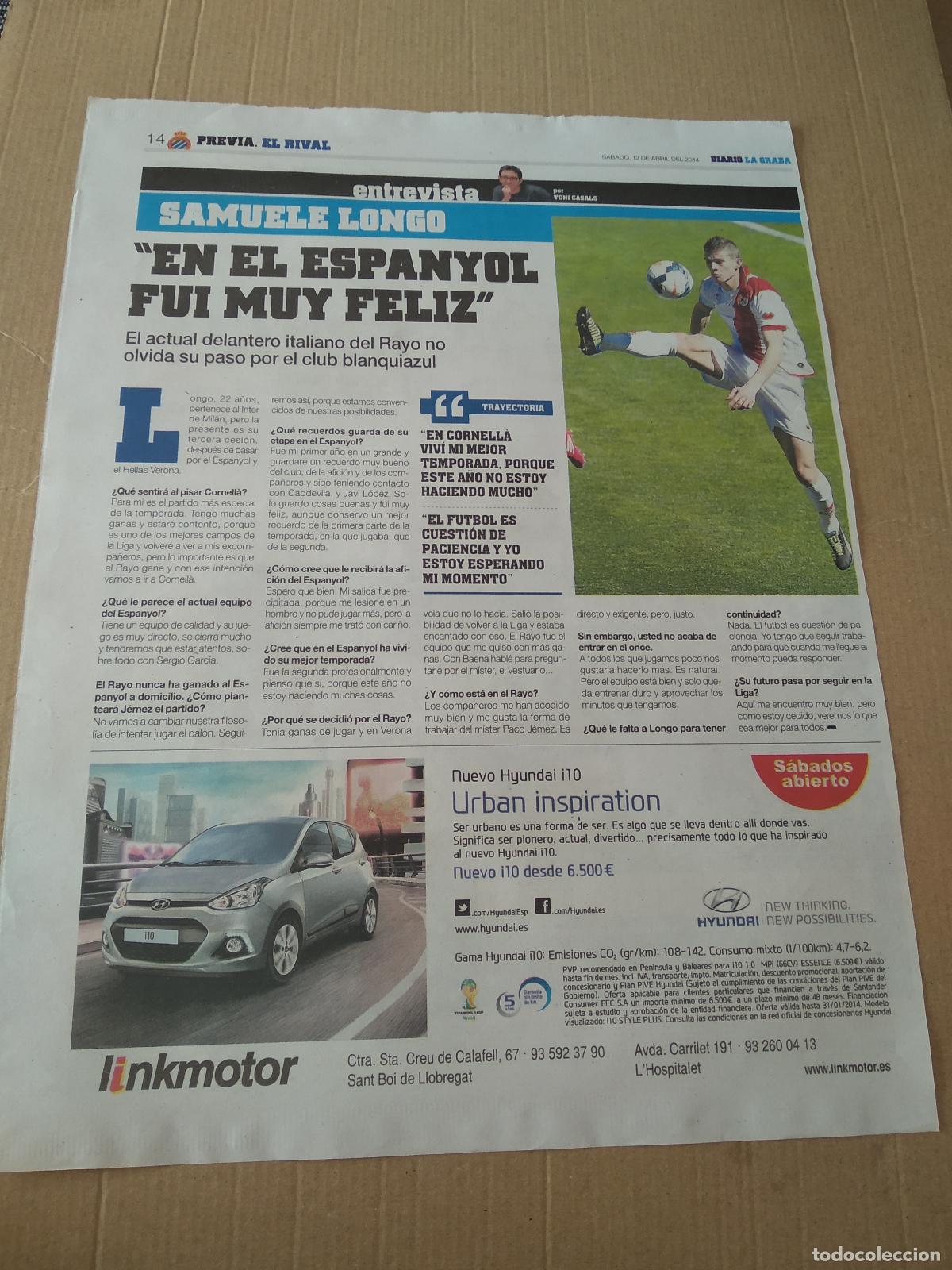 Coleccionismo deportivo: HOJA PERIODICO DIARIO LA GRADA LONGO RAYO VALLECANO HECTOR MORENO OSASUNA TOYOTA PUBLICIDAD COCHE