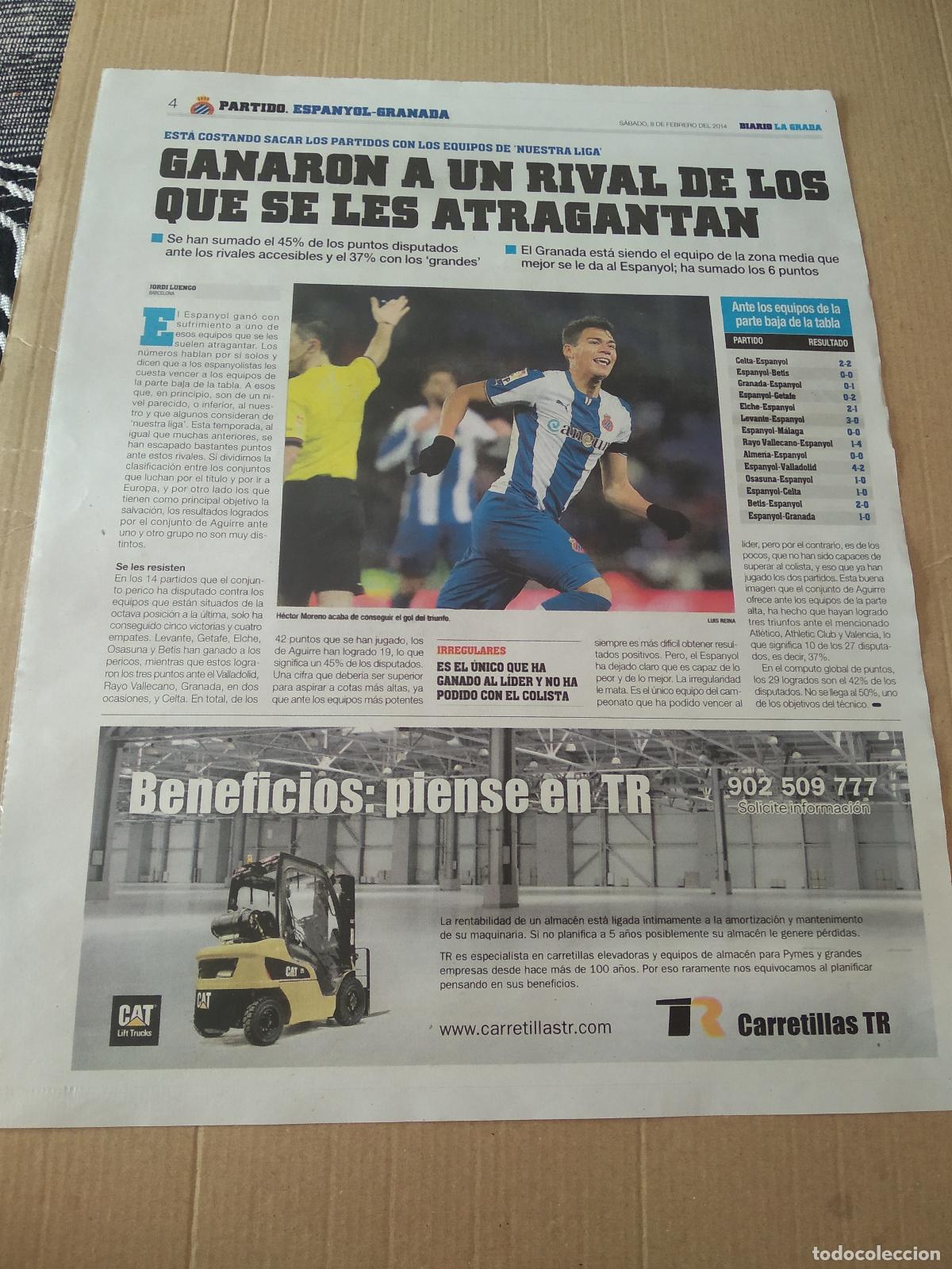 Coleccionismo deportivo: HOJA PERIODICO DIARIO LA GRADA HECTOR MORENO ESPANYOL PUBLICIDAD SEAT