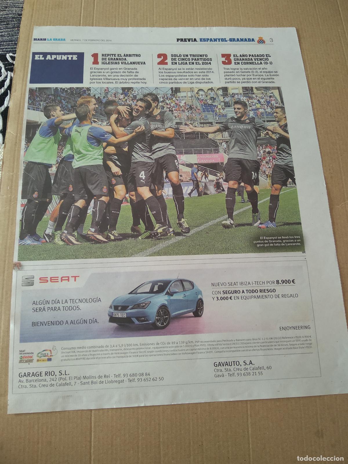 Coleccionismo deportivo: HOJA PERIODICO DIARIO LA GRADA EQUIPO PLANTILLA ESPANYOL SEAT PUBLICIDAD HECTOR MORENO EL ARABI