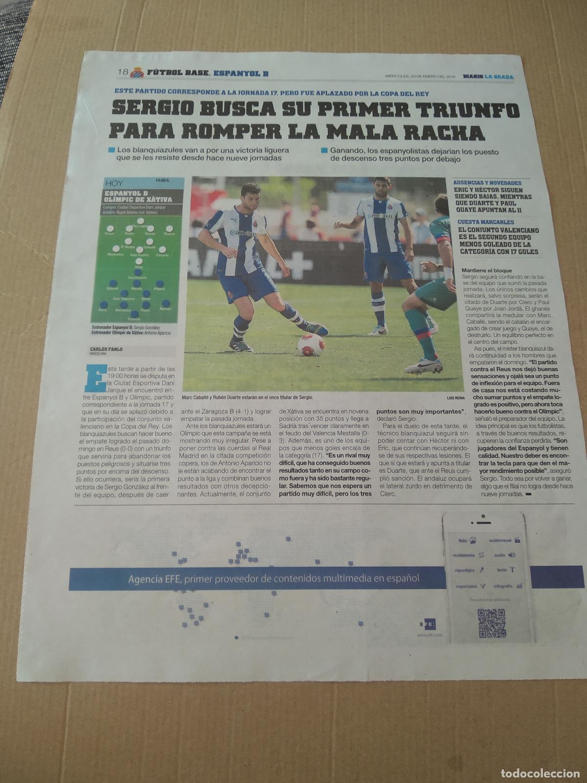 Coleccionismo deportivo: HOJA EL PERIODICO DIARIO LA GRADA MARC CABALLE RUBEN DUARTE ESPANYOL BMW PUBLICIDAD JHON CORDOBA