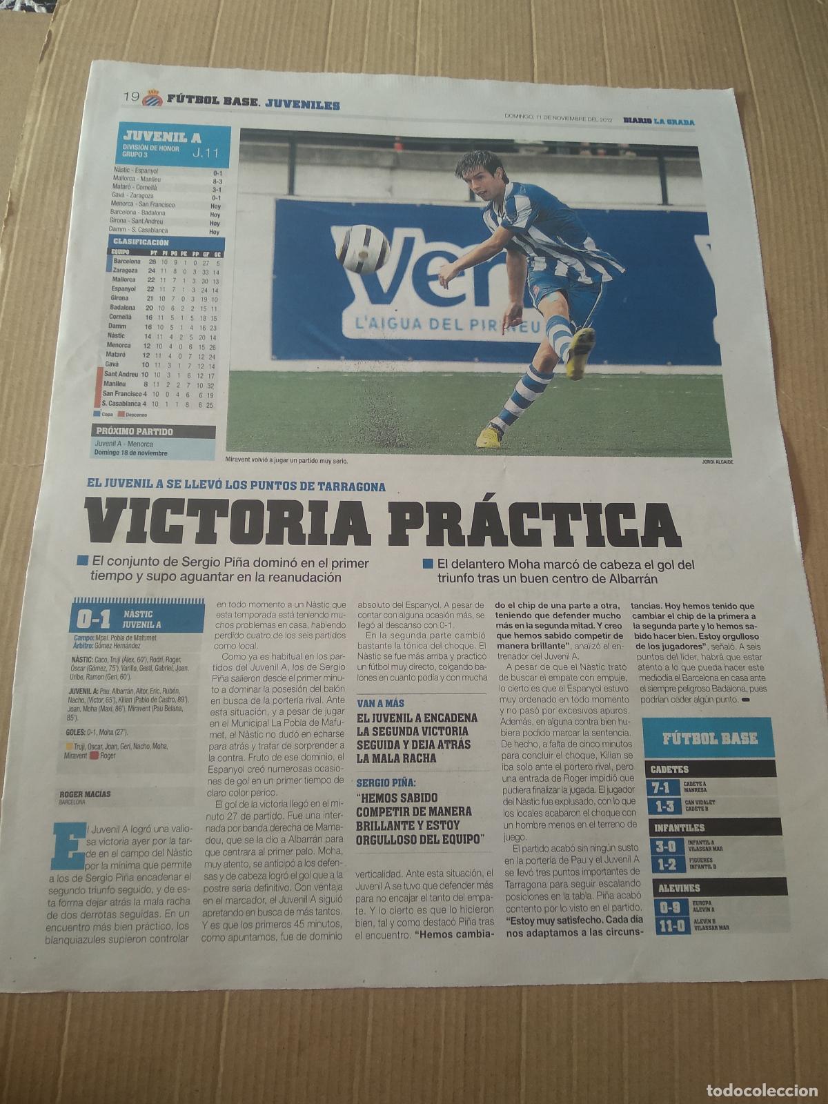 Coleccionismo deportivo: HOJA PERIODICO DIARIO LA GRADA MIRAVENT ESPANYOL JUVENIL B ABC RADIO CATALUNYA