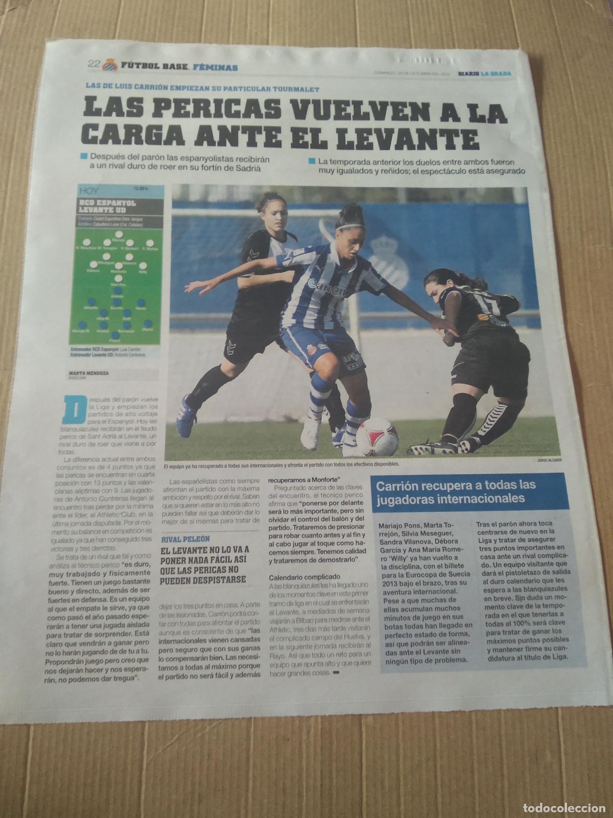 Coleccionismo deportivo: HOJA PERIODICO DIARIO LA GRADA DEBORA ESPANYOL FEMENINO JUVENIL B TOYOTA PUBLICIDAD