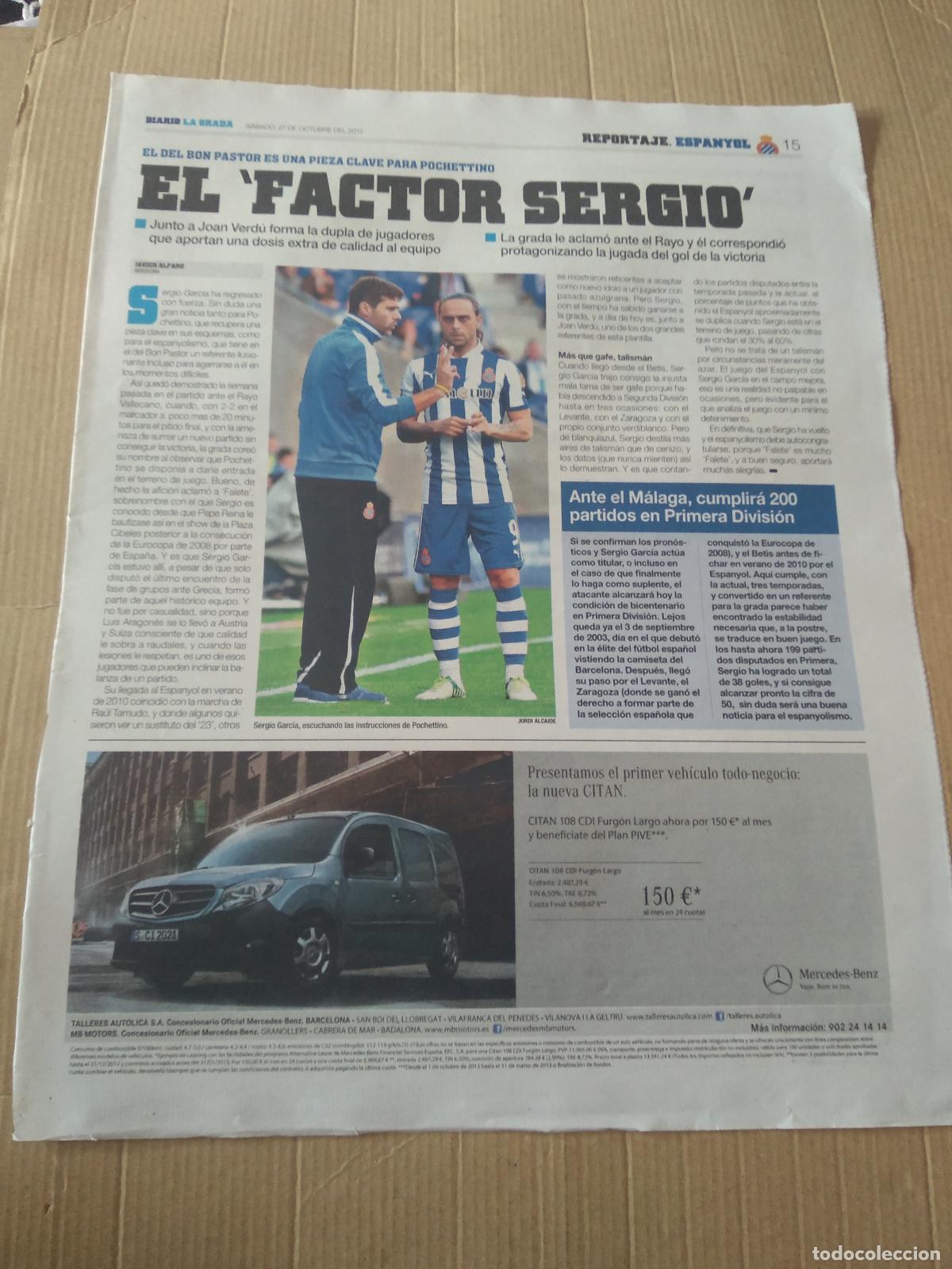 Coleccionismo deportivo: HOJA PERIODICO DIARIO LA GRADA SERGIO GARCIA POCHETTINO ESPANYOL MERCEDES-BENZ PUBLICIDAD AFICION