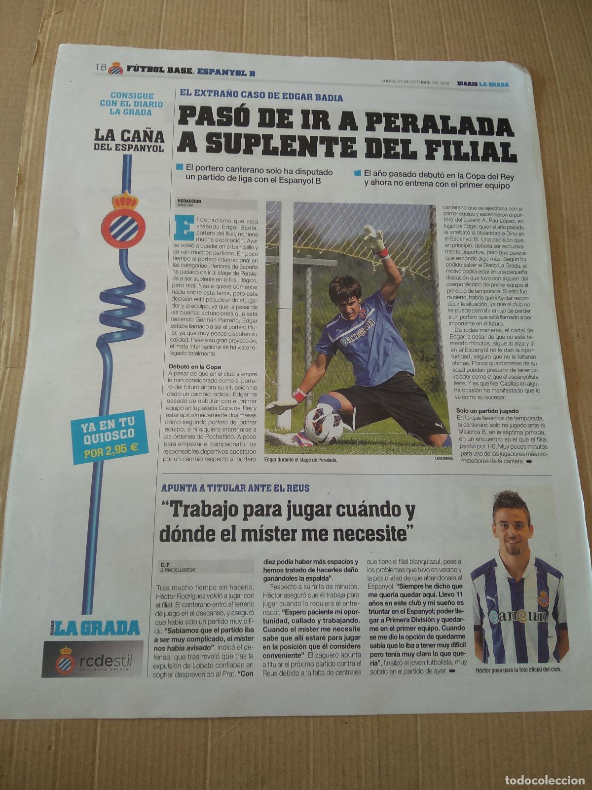 Coleccionismo deportivo: HOJA PERIODICO DIARIO LA GRADA EDGAR BADIA ESPANYOL HECTOR RODRIGUEZ VICTOR ARMERO PRAT TOYOTA
