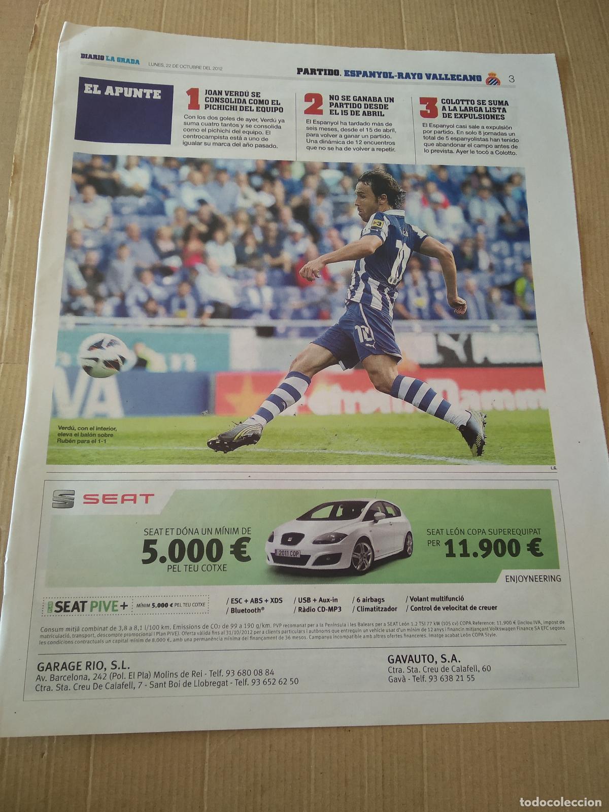 Coleccionismo deportivo: HOJA PERIODICO DIARIO LA GRADA VERDU ESPANYOL PUBLICIDAD SEAT LONGO VS RAYO VALLECANO