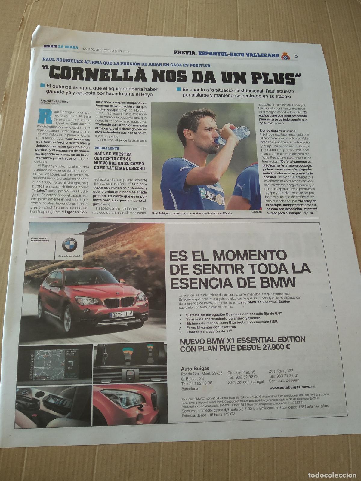 Coleccionismo deportivo: HOJA PERIODICO DIARIO LA GRADA RAUL RODRIGUEZ ESPANYOL PUBLICIDAD BMW EQUIPO RAYO VALLECANO