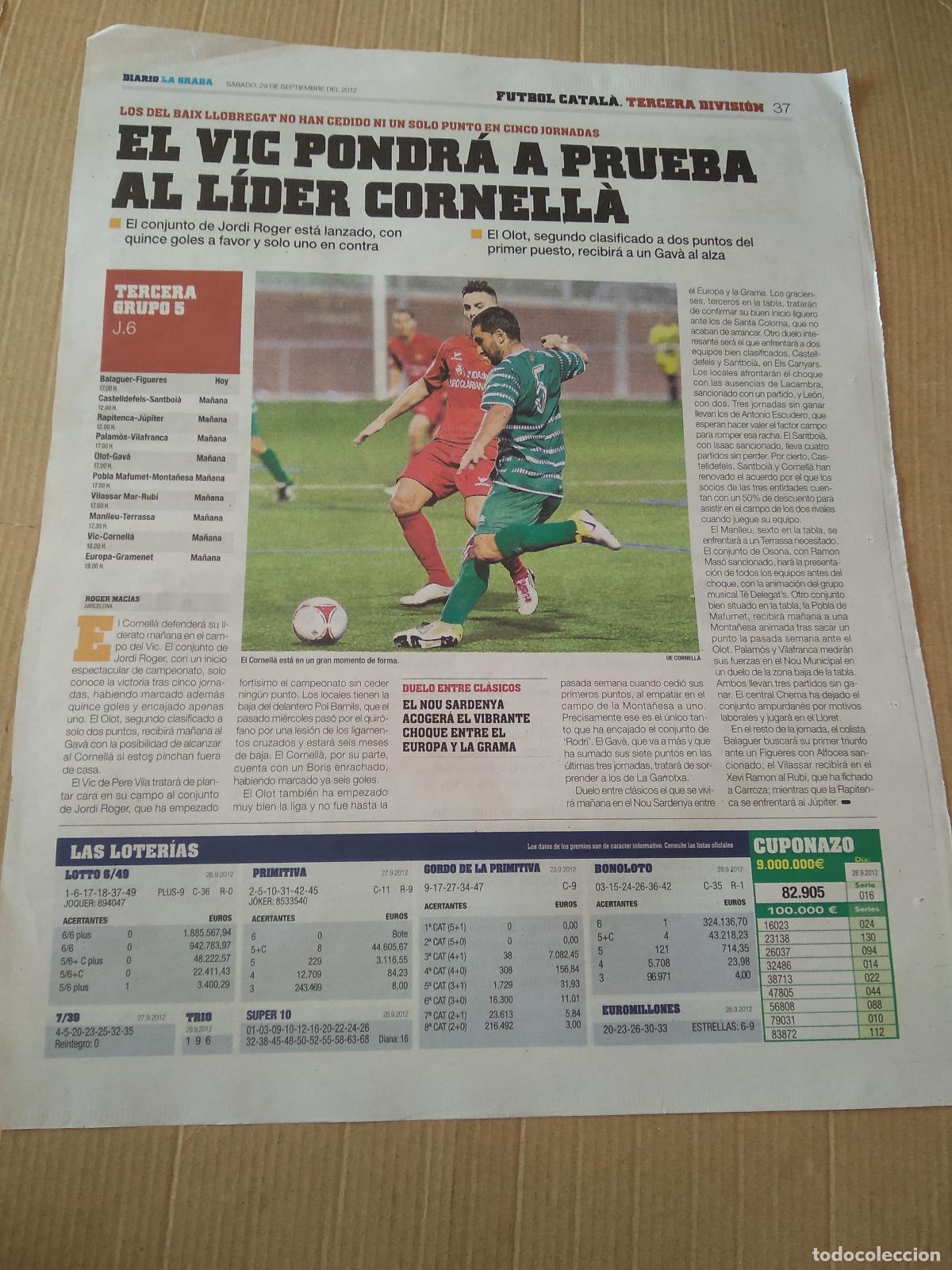 Coleccionismo deportivo: HOJA PERIODICO DIARIO LA GRADA CORNELLA VS SANTBOIA GRAN PREMIO ARAGON FORMULA 1 F1 PEDROSA