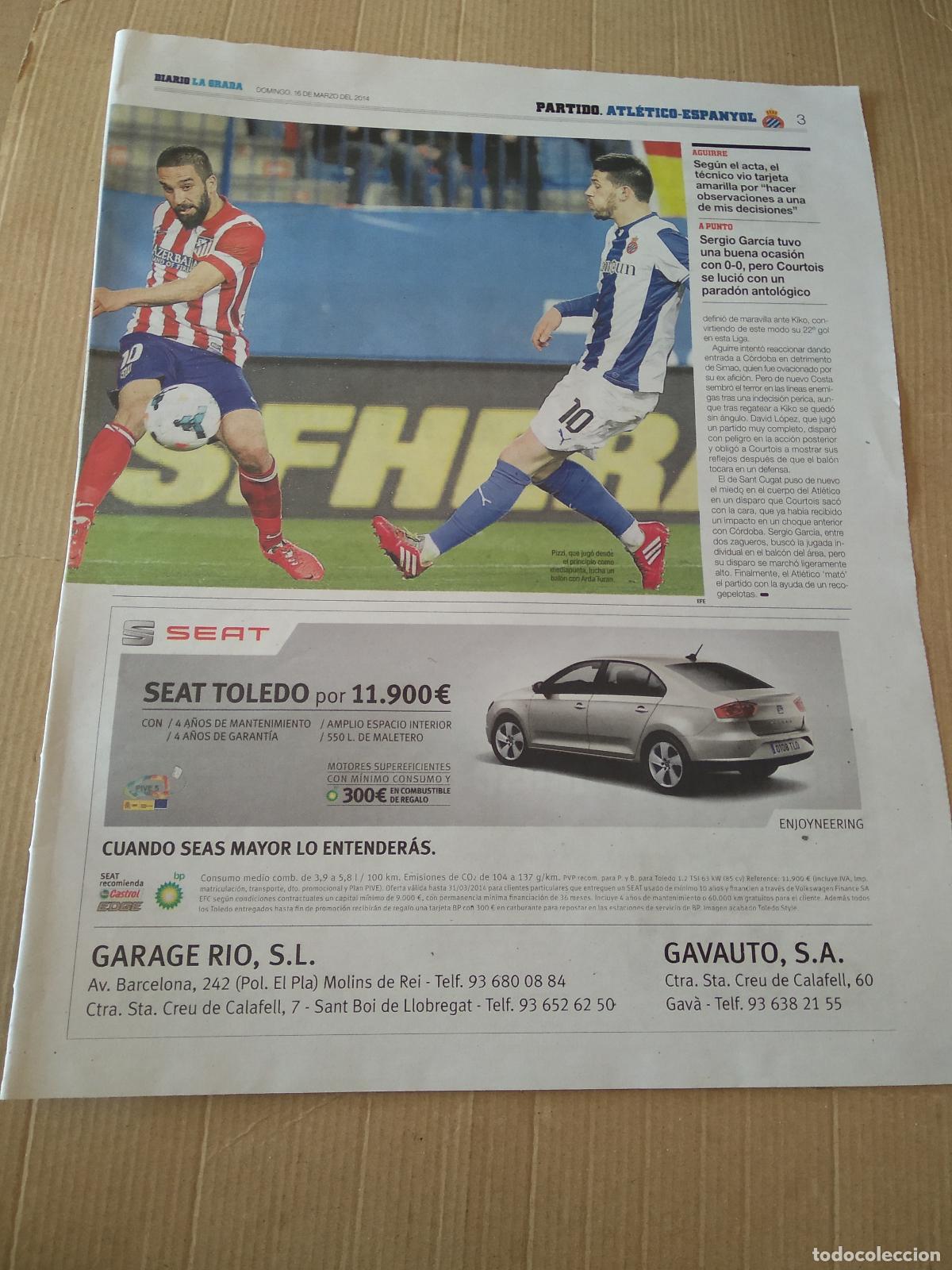 Coleccionismo deportivo: HOJA PERIODICO DIARIO LA GRADA PIZZI ESPANYOL ARDA TURAN ATLETICO PUBLICIDAD SEAT DIEGO COSTA