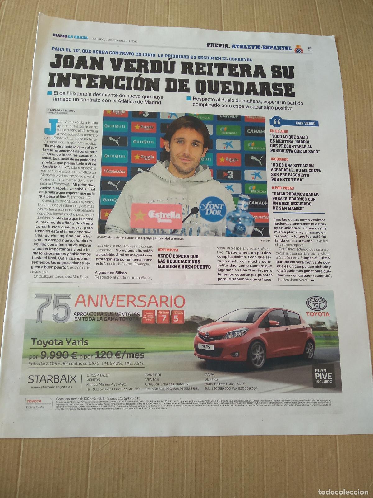 Coleccionismo deportivo: HOJA PERIODICO DIARIO LA GRADA VERDU ESPANYOL PUBLICIDAD TOYOTA ATHLETIC CLUB BILBAO EQUIPO