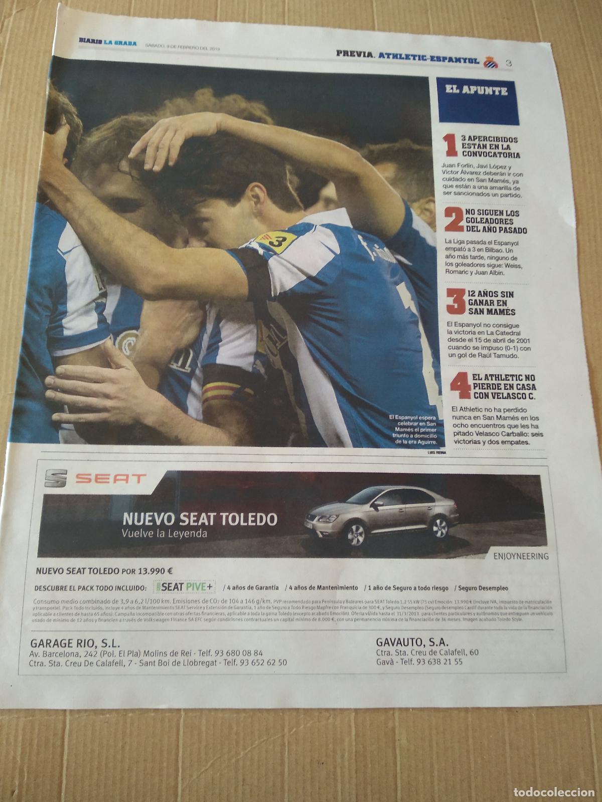Coleccionismo deportivo: HOJA PERIODICO DIARIO LA GRADA EQUIPO PLANTILLA ESPANYOL PUBLICIDAD SEAT VS ATHLETIC CLUB BILBAO