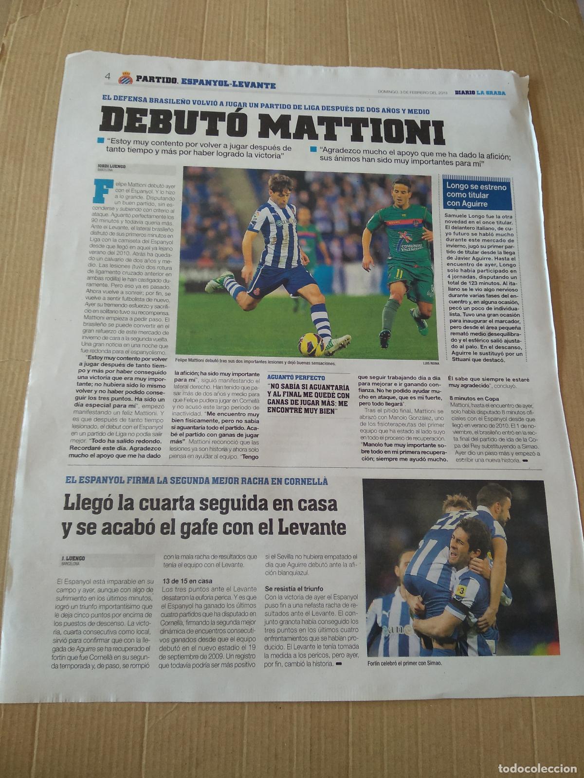 Coleccionismo deportivo: HOJA PERIODICO DIARIO LA GRADA MATTIONI ESPANYOL VS LEVANTE SERGIO GARCIA EQUIPO PLANTILLA SEAT